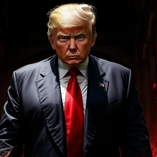 Vibrant ferocity, (blood-red essence), ((stoic male Donald Trump)), pale hair, cascading energy, stark contrast, (menacing demeanor), enveloping darkness, (surreal environment).