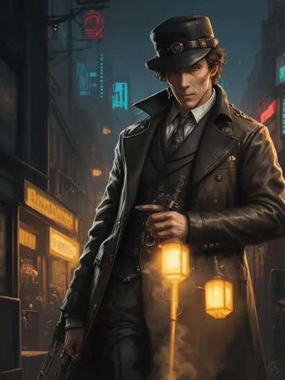 Sherlock Holmes in Cyberpunk 2077, deerstalker hat, smoking pipe,  Cyberpunk, cyborg, neon colors, dark, gritty, in the style of Vincent Van Goh