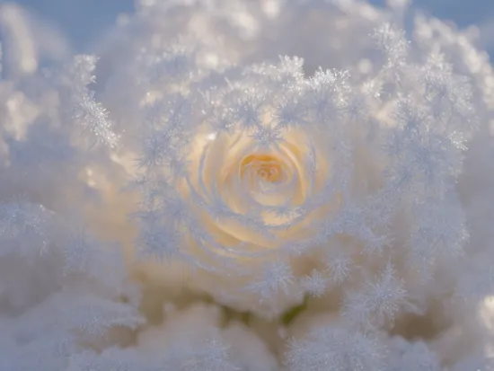 Winter landscape with snow, in a big open field of beautiful roses, soft sunshine, high detail, photography, hoarfrost, Miki Asai Macro photography, close-up, hyper detailed, trending on artstation, sharp focus, studio photo, intricate details, highly detailed, by greg rutkowski
