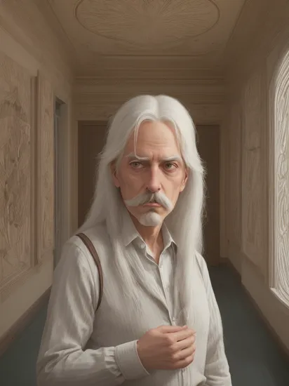 a man with long white hair and a moustache, Sentient generative art installations in the style of Jenny Sabin, immersive, textile-driven, AI's architectural textiles., Filip Hodas, edward hopper and james gilleard, a matte painting, american scene painting , Interwoven Realities: Todd Solondz's influence adds depth to an ornate tableau, with Angela Deane's patterns merging seamlessly with Martine Johanna's highly detailed characters.