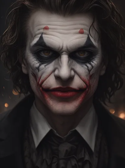 closeup photo detailed face of Joker risen from the ashes, sparks, 8k, hd, contour light, high contrast, depth of field, ultra detail, photorealism, cinematography, gigantism, from the first person, lots of details, dark tone, bokeh, epic frame, super realistic texture, by Alessio Albi