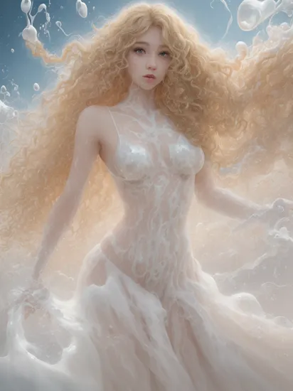 (dynamic pose:1.2),(dynamic camera),cute mythological skinny slim young goddess,(long blonde curly hair:1.3),(look to camera),(posing for photoshoot:1.2), godrays,(wind swirl floating (milk splash) on abstract volumetric background:1.3), in the style of intimacy, dreamscape portraiture,  solarization, shiny kitsch pop art, solarization effect, reflections and mirroring, photobash, (composition centering, conceptual photography), , (natural colors, correct white balance, color correction, dehaze,clarity)