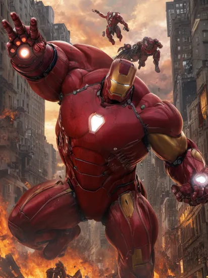 (super size Red Hulk and Spawn with Ironman),high resolution,HD,very realistic,explosion,city,street,aircraft,man focus,huge cape,(look at viewer),prefect heavy metal armor,metal skin,robot,