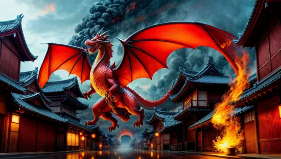 (masterpiece:1.2),best quality,PIXIV,Chinese dragon, dragon, red dragon, red scales, fire, smoke, sparks, heat, burning town,, ancient japanese town, eastern dragon,