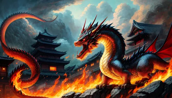 (masterpiece:1.2),best quality,PIXIV,Chinese dragon, dragon, red dragon, red scales, fire, smoke, sparks, heat, burning town,, ancient japanese town, eastern dragon,