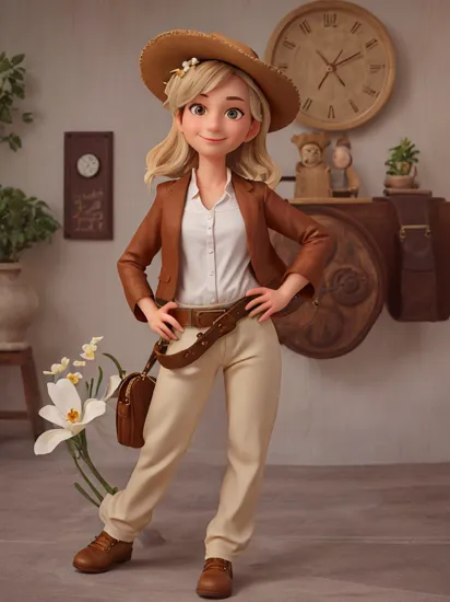 (masterpiece, best quality, detailed), 1girl, solo, looking at viewer, 
, lumine, hair ornament, flower, hair flower, short hair with long locks, hair between eyes, white flower, sidelocks, medium breasts, fedora, brown headwear, brown pants, black belt, cowboy hat, brown jacket, leather jacket, indiana jones, white shirt, satchel, , gear, machine, indoors, clock, chair, table, book stack, hands on hips, smug, v-shaped eyebrows, smile, closed mouth