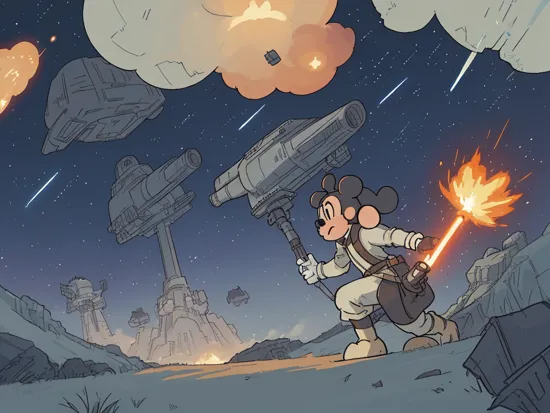 Mickey Mouse with a light saber on Star Wars battlefield, an AT-AT and a wookie in background, many explosions in background, Star Wars style, cinematic, highly detailed 