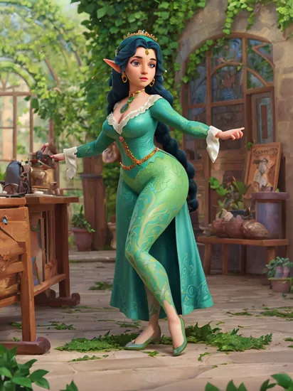 a stunning vector portrait of a thicc and voluptuous princess jasmine and snow white dressed as a beautiful poison ivy and elf queen with hair tied in a braid walking through a flowering garden, greenhouse in the background, intricate, elegant, highly detailed, digital painting, artstation, concept art, ultra sharp focus, illustration, art by jugendstil and greg rutkowski and alphonse mucha
