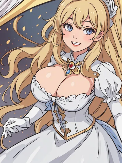      portrait photograph of CinderellaWaifu with (very huge breasts:1.1) at the crowded royal ball, (very huge breasts:1.05), dress, gloves, jewelry, blonde, pretty polish face, kind and smiling expression, Canon EOS R5, HDR10