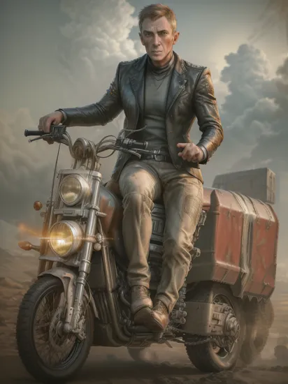 James bond as A cyberpunk with a hi-tech vehicle,  riding through the sky,  wasteland,  cyberpunk style, , , 