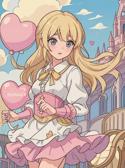 (robinchan) ,masterpiece, best quality, solo,1girl,looking at viewer,cowboy shot,amusement park,Cinderella castle, (blonde:1.4),soft light, sky, cloud,bangs,
  lin face     
background of 100 transparent pink balloons, transparent white balloons,heart-shaped balloons,