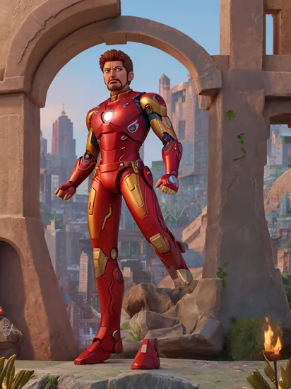 A tarot card featuring Iron Man as the central figure. The card embodies the essence of strength and innovation, with Iron Man posed heroically, his suit gleaming with advanced technology. Behind him, a futuristic cityscape blends with mystical symbols, bridging the realms of modern science and ancient wisdom. The card's border is ornate, with intricate designs that hint at arcane knowledge. Iron Man's gaze is confident and forward-looking, symbolizing a journey of self-discovery and the harnessing of one's inner power. 