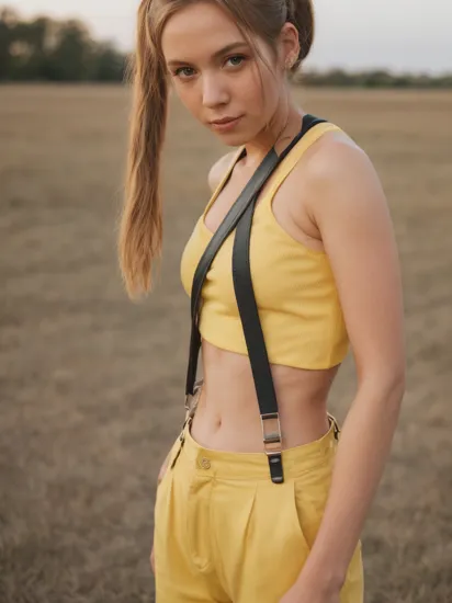 portrait photography of Misty_Pokemon, yellow crop top, suspenders, side ponytail, solo, sunset, front to viewer, (looking at viewer:1.3), , , , , (grainy:1.2),  