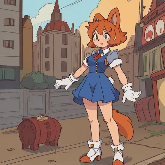 , masterpiece, best quality, vanilla the rabbit, brown eyes, animal nose, sonic the hedgehog (series), short hair, orange hair, white gloves, looking at viewer, standing, red high heels, rabbit girl, medium breasts, breasts, sonic the hedgehog \(series\), furry, furry female, highly detailed,  detailed background, mature female, city, buildings, outside, (uploaded on e621), (((by marthedog, by chadthecartoonnut, by avante92))), dress, blue ascot, red vest,