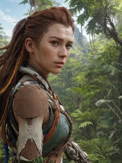 ultra realistic landscape photography, perfectly centered medium upper shot of Aloy from horizon zero dawn, standing on a cliff, (horizon zero dawn jungle cliffs, jungle:1.4), looking at viewer, fashion pose, extremely detailed eyes, detailed symmetric realistic face, extremely detailed natural texture, detailed peach fuzz, messy hair, masterpiece, absurdres, award winning photo by lee jeffries, nikon d850 film stock photograph, kodak portra 400 camera f1.6 lens,  depth of field, extremely detailed, amazing, fine detail, rich colors, hyper realistic lifelike texture, dramatic lighting, unrealengine, trending on artstation, cinestill 800 tungsten, photo realistic, RAW photo, TanvirTamim, high quality, highres, sharp focus, extremely detailed, cinematic lighting, 8k uhd, high definition, cinematic, neoprene, behance contest winner, featured on unsplash, cgsociety, unreal engine 5, ultra sharp focus, (robotic strombird from horizon zero dawn, winged robot in distance, holding wooden bow:1.2) , organic, brave expression, light smile