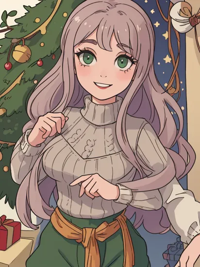 1girl, solo,  rapunzel, green eyes, looking at viewer:1.3, detailed eyes:1.3, best quality, extremely detailed, masterpiece, 32k, RAW, extremely detailed face:1.3,   (wearing holiday outfit, turtleneck, pants, knitted sweater), 18yo, (huge breasts), Christmas, christmas tree, gifts, cute smile, detailed fingers, perfect fingers,