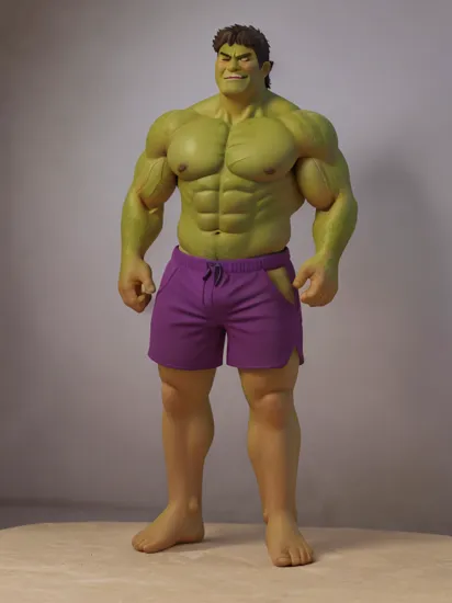 hulk, bear, purple shorts, standing, nude, tall, smirk, thigh focus, detailed, intricate details, masterpiece, absurdres, best quality 