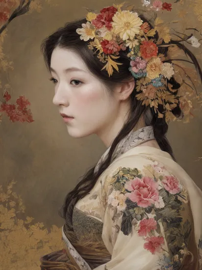 masterpiece, best quality, 8k, HDR, RGB, oil paints, watercolor, ink,
A double exposure of a geisha, side profile, intricately adorned with blooming flowers arranged in her flowing hair, superimposed with a distinct painting set in her silhouette, presents a variety of historical Japanese architectural landscapes, an artistic collage of timeless beauty combined with modern elegance, an imitation of the autumn empress,
Bastien Lecouf-Degarme, Carn Griffiths, E. Abramzon, Raphael, Caravaggio,