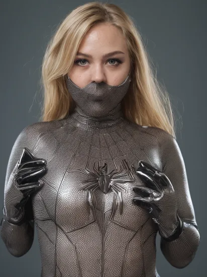 blury background,depth of field,
black Spider Man costume,1gir, solo,lips, (shiny skin:1.5)skin tight, mole under eye, blonde hair,
spider web print, gloves
