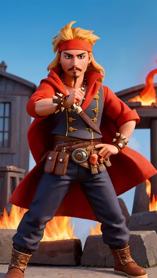 Johnny Depp, Fiery spirit @JohnnyDepp, ((spiked blond hair)), ninja headband, dynamic pose, traditional cloak with a modern twist, swirling flames and clouds in the background, essence of a fighter, sharp facial features, anime character ready for battle, vibrant orange and black color scheme.