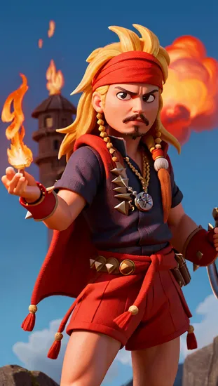 Johnny Depp, Fiery spirit @JohnnyDepp, ((spiked blond hair)), ninja headband, dynamic pose, traditional cloak with a modern twist, swirling flames and clouds in the background, essence of a fighter, sharp facial features, anime character ready for battle, vibrant orange and black color scheme.