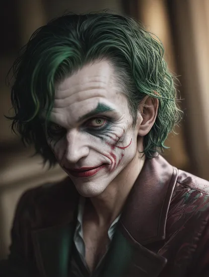 raw, Dappled Light, photo portrait of the The Joker (DC Comics): The Joker's colorful suit, wild green hair, and maniacal grin make him an iconic and recognizable character for cosplay, colorful, realistic round eyes, dreamy magical atmosphere, superheroine costume, (skin texture) (film grain), (warm hue, warm tone:1.2), close up, cinematic light, sidelighting