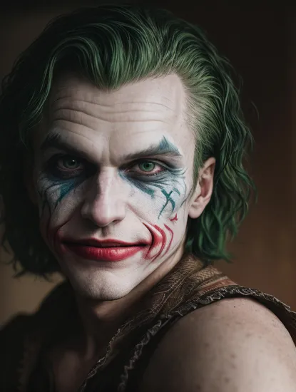 raw, Dappled Light, photo portrait of the The Joker (DC Comics): The Joker's colorful suit, wild green hair, and maniacal grin make him an iconic and recognizable character for cosplay, colorful, realistic round eyes, dreamy magical atmosphere, superheroine costume, (skin texture) (film grain), (warm hue, warm tone:1.2), close up, cinematic light, sidelighting