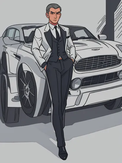 standing next to silver Aston Martin DB5, CFBrent is James Bond wearing James bond attire, (holding gun), seductive expression, sultry expression, masterpiece, ((full body portrait:1.5)), full body shot, wide angle 