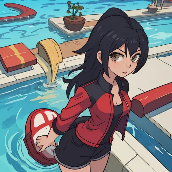 Shadow the Hedgehog (Sonic), Shadow,  , Beautiful Art Style, 1girl, young woman, looking at viewer, ravishing, swimming pool, standing, gazelle costume, ,  ,  ,  