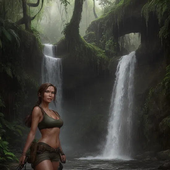 Lara Croft, drenched from the rain in a dense jungle, meticulously repels down a cascading waterfall. Around her, the jungle comes alive with the sounds of wildlife. The shimmering water crashes, revealing hidden pathways and ancient temple ruins glowing with a faint, mysterious light. Every lightning flash briefly reveals lurking shadows and secrets waiting to be uncovered.
