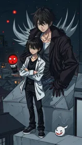 character from anime Death Note, Yagami Light standing to top of building with dead god Ryuk