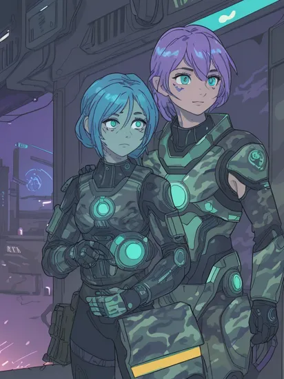 Two people, ((glowing tattoos hologram) Cortana) and ((military camouflage colored cyborg) Master Chief), reimagined in a cyberpunk universe, cyberpunk, cyberpunk art style, cyberpunk surroundings, glowing multicolored neon lights, raining, lightning, cinematic scene, detailed background, masterpiece, best quality, high quality, highres, absurdres, 16k resolution   