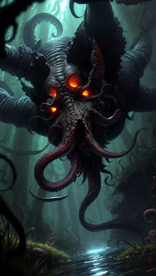 zrpgstyle, from_side from_below dark swamp eldritch monster (skull face:1.2) creature with (octopus tentacles:1.2) rising out of the water moss slime vines churning water fireflies midnight moonlight backlight (masterpiece:1.2) (best quality) (detailed) (intricate) (8k) (HDR) (wallpaper) (cinematic lighting) (sharp focus) (intense action scene, dutch angle, foreshortening, motion blur, from below, blurred foreground:1.3)