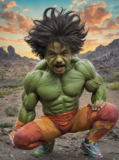 Albert Einstein as hulk , superhero, hyper detailed,  colorful,Kneeling down with one hand on the ground, Minimalist angle,Detailed Henderson Nevada background, 