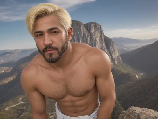 an awarded profesional photography of (1man:1.3) Latino  with jade eyes  with  male short back and sides hairstyle and short boxed beard in Creme Brulee Blonde color, in a Santa costume   Determined facial expression, standing with arms crossed in front of body  in A mountain scene with a spectacular view from the edge of a high cliff ,(epic scene:1.3),ultradetialed character with perfect face,detailed skin,(ultrasharp:1.3),(masterpiece:1.1),best quality,(photorealistic:1.2),ultrarealistic,realistic ultradetailed character,4k perfect quality, <lyco:GoodHands-beta2:1> by Wim Wenders  Architectural Lighting camera angle from below and very wide shot Magnificent,Imperceptible detail,Intricately designed,  (perfect quality face:1.5)  hyper-detailed complex,  insanely detailed, detailed clothes, detailed skin, detailed body, , 1man, realistic lights, realistic shadows, profesional photo