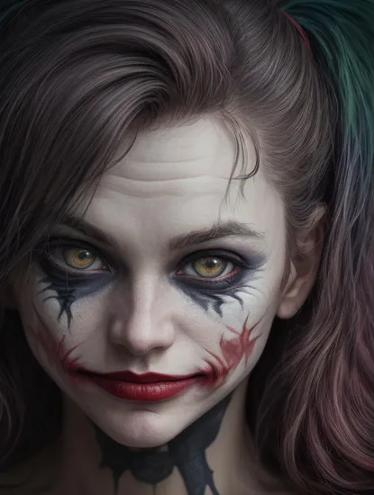 Art, reinvented, An alternative version of the Joker, A vibrant digital painting. vivid colors. American comic book cover art, 8k resolution. Extremely detailed. Award winning, holding a large butchers knife,girl, crazy eyes, tsundere, large knife, rain,long straight hair