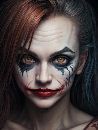 Art, reinvented, An alternative version of the Joker, A vibrant digital painting. vivid colors. American comic book cover art, 8k resolution. Extremely detailed. Award winning, holding a large butchers knife,girl, crazy eyes, tsundere, large knife, rain,long straight hair