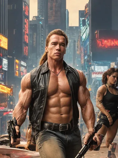 Film still,  Young Arnold Schwarzenegger as the Terminator,  holding a shotgun,  performing with dancing girls,  cyberpunk 2077 cityscapes