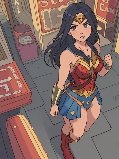 RAW photo, wonder woman standing on the streets of New York, muscular, highly detailed, 8k hdr, high quality, soft cinematic light, dramatic perspective
