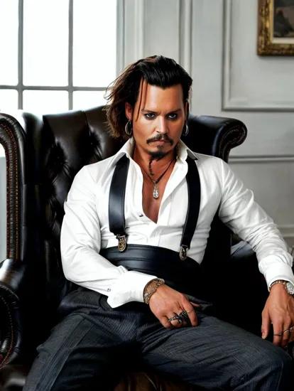 Johnny Depp, Sophisticated man @JohnnyDepp, sharp haircut, open white shirt with suspenders, reclining with a drink in hand, leather chair, black and white for dramatic contrast, embodies a modern take on a classic gentleman's leisure, evoking a relaxed yet luxurious lifestyle.