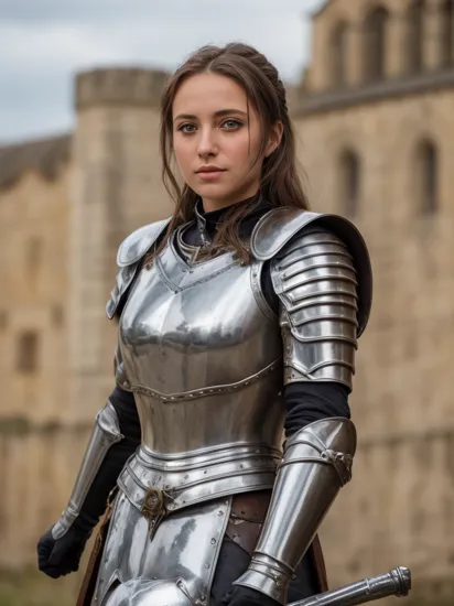 close up of a beautiful woman, joan of arc, stunning hazel eyes, wearing metal armor, medieval town in the background, 8k, uhd, candid, masterpiece
