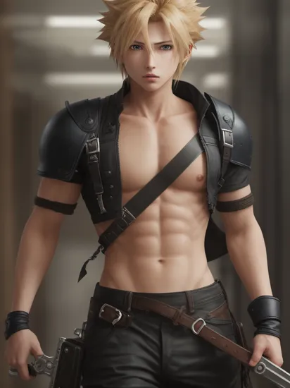 1boy, male focus,  Cloud Strife from Final Fantasy 7, FBI headquarters, indoors, sexy, ripped clothes, yaoi