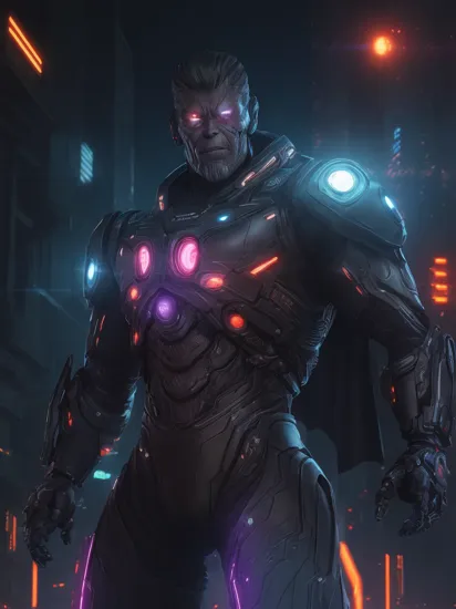 cybernetic eye, terminator, cyberpunk version, tron legacy, glowing armor, full figure portrait of Thanos in action pose, utility belt, cyborg, robotic arms, armord, thanos armour, blade runner, action pose, wearing infinity gauntlet, cyberpunk city, dramatic lighting, necklace, jewelry, cape, magic circle, masterpiece, mechanical parts, cybernetic eye, ultra detailed, depth of field, neon lights, intricate, detailed skin, chrome, johnny silverhand arms, magic, powers, hero pose, realistic, 8k, uhd, best quality, mechanical parts, 5 fingers, vibrant colors, canteredm glowing chest