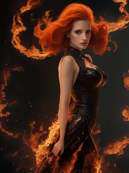 a beautiful Jessica Chastain standing on fire, in the style of bluel punk, conceptual photography, hair melting merging into the fire