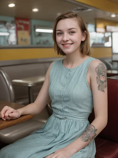 street photography photo of a young woman, gracec, (wearing modest dress:1.2), smile, happy, tattoos on her arms, sitting in a 50s diner  , RAW candid cinema, 16mm, color graded portra 400 film, remarkable color, ultra realistic, textured skin, remarkable detailed pupils, realistic dull skin noise, visible skin detail, skin fuzz, dry skin, shot with cinematic camera
