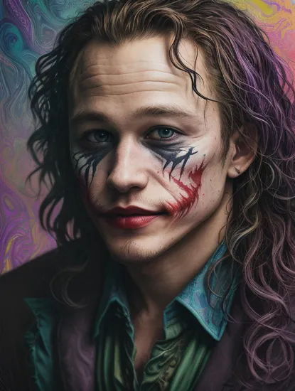 Psychedelic style, head shot of heath ledger as the joker  dark colors , Vibrant colors, swirling patterns, abstract forms, surreal, trippy