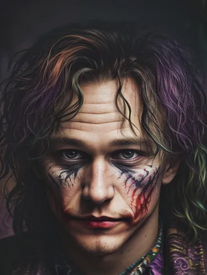 Psychedelic style, head shot of heath ledger as the joker  dark colors , Vibrant colors, swirling patterns, abstract forms, surreal, trippy