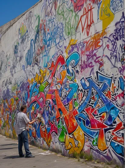 a photo of an guy making graffiti on the wall, street photography, graffiti on the wall, vibrant, High dynamic range, vivid colors, ShinBijutsukai