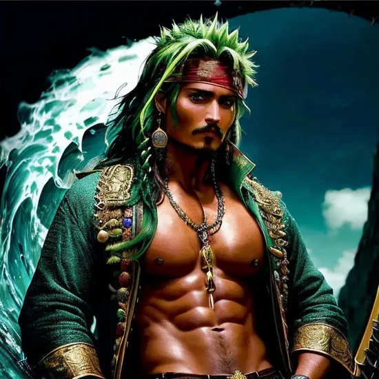 Johnny Depp, Powerful warrior @JohnnyDepp, ((spiky green hair)), intense gaze, chiseled abs, ((bare-chested)), seated confidently, gold necklace, katana by side, ((traditional pants with a wave pattern)), backlit with vertical light beams, commanding presence, strong jawline, earring detail, relaxed yet powerful hands, anime style, vibrant colors, dramatic shading, sense of untold strength and resilience.