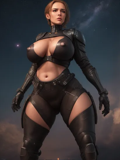 photo of a woman terminator, hourglass body, Torptits, (huge saggy tits:1.1), (huge nipples:1.1), explosions in the background, night sky background, high detailed , best quality, high quality, highres, 8k, photo realistic, raw photo, cannon, nikon, studio lighting ,   